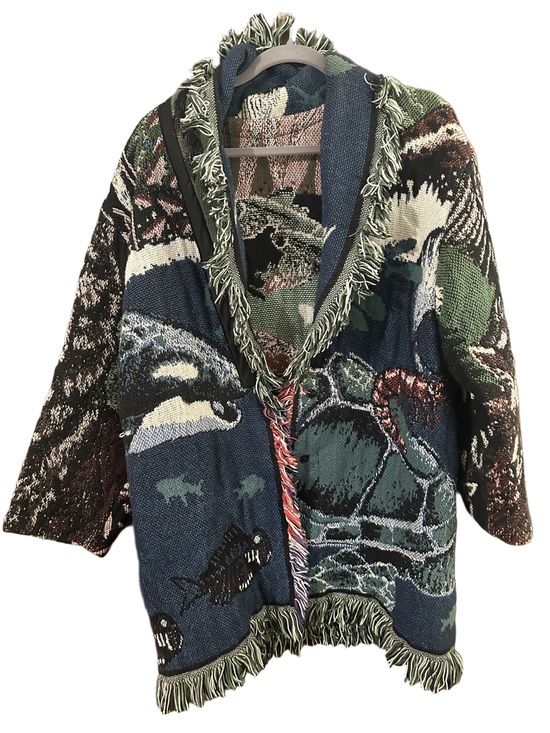 Jackets & Blazers - Handmade Fringed Boho Blanket Tapestry Knit Cardigan Blue & Green Animals Sz XL